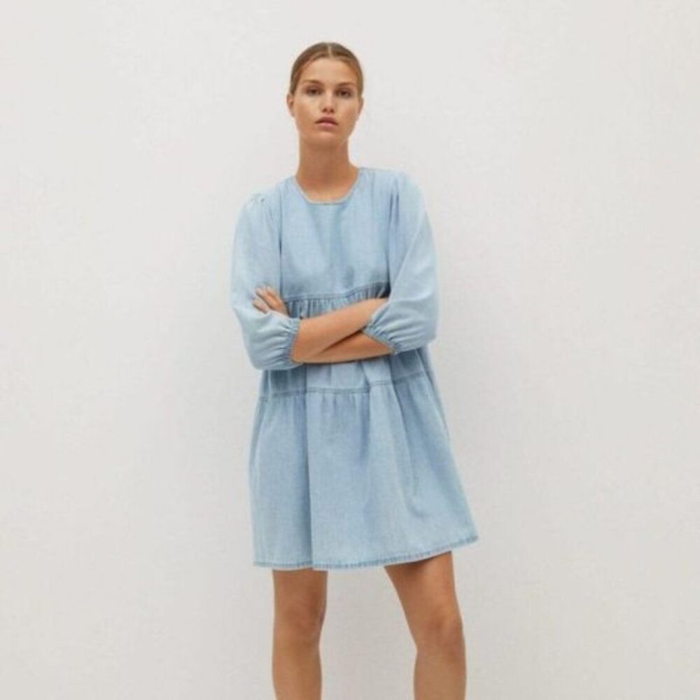 Mango Denim Tiered Smock Cotton Dress with Puff Sleeves in Blue Size 6